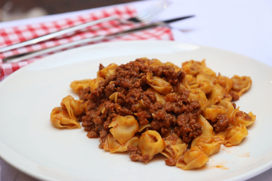 Serving of ragù tortellini, showcasing Bologna's classic dish with pasta filled with meat and topped with savory sauce