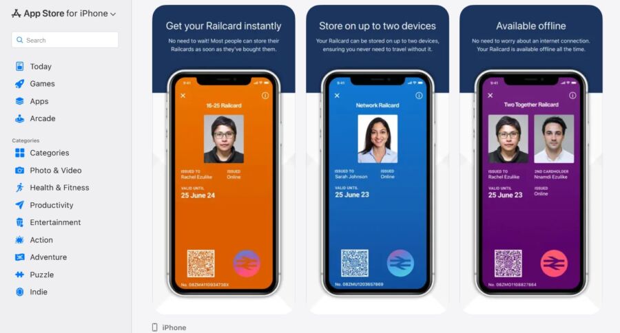 Railcard App Look Three smartphones display digital Railcards with photos and QR codes. Each screen highlights features