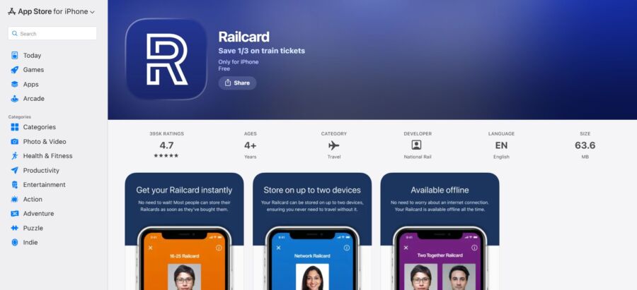 App Store page for Railcard app showing 4.7-star rating, travel category, and 63.6 MB size.