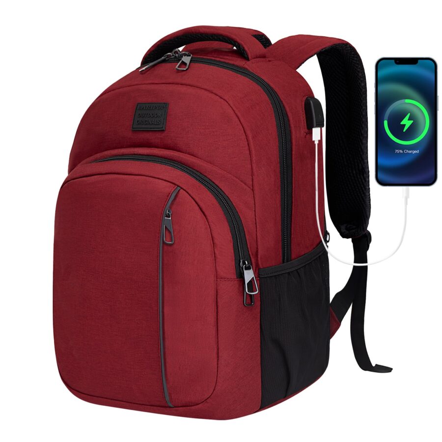 Maroon travel laptop backpack with USB charging port and padded straps.