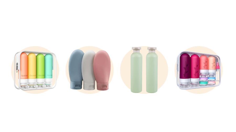 Various colored refillable silicone squeeze bottles and lids displayed side by side, showcasing their vibrant hues.