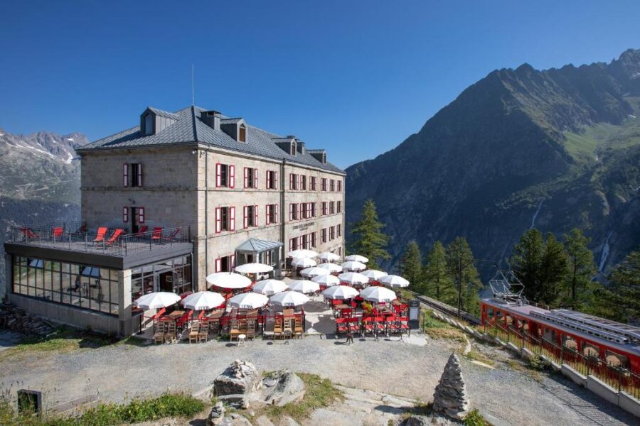 Scenic view of Refuge du Montenvers restaurant and train station nestled in the mountains of Chamonix, France.