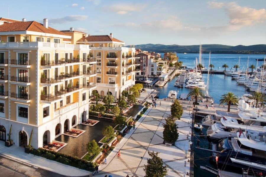 Scenic view of Regent Porto Montenegro hotel overlooking the marina in Croatia, showcasing luxury and coastal beauty.