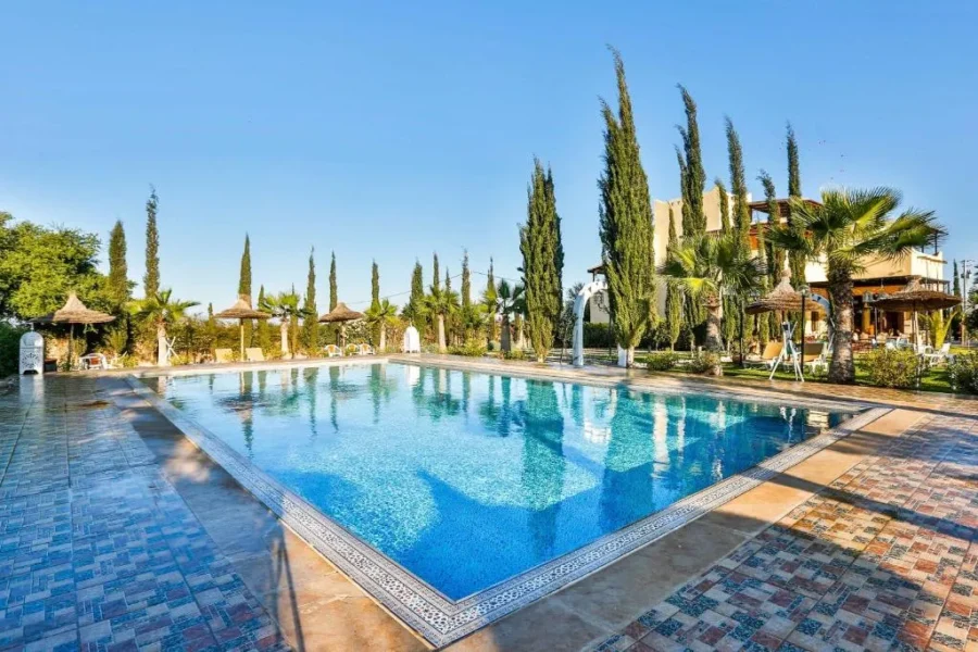 Luxury Mediterranean resort swimming pool with cypress trees, palm trees, sun loungers, and villa.