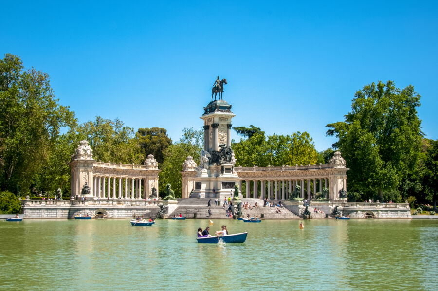 The Great Pond at Retiro Park in Madrid, Spain, featuring tranquil waters and scenic landscapes