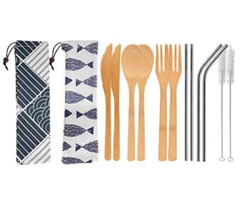 Eco-friendly reusable flatware set with bamboo utensils, stainless steel straws, brushes, and pouches.