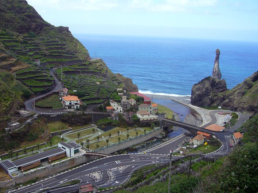 Scenic view of a road and bridge spanning a river in Ribeira da Janela, Madeira Island, Portugal.