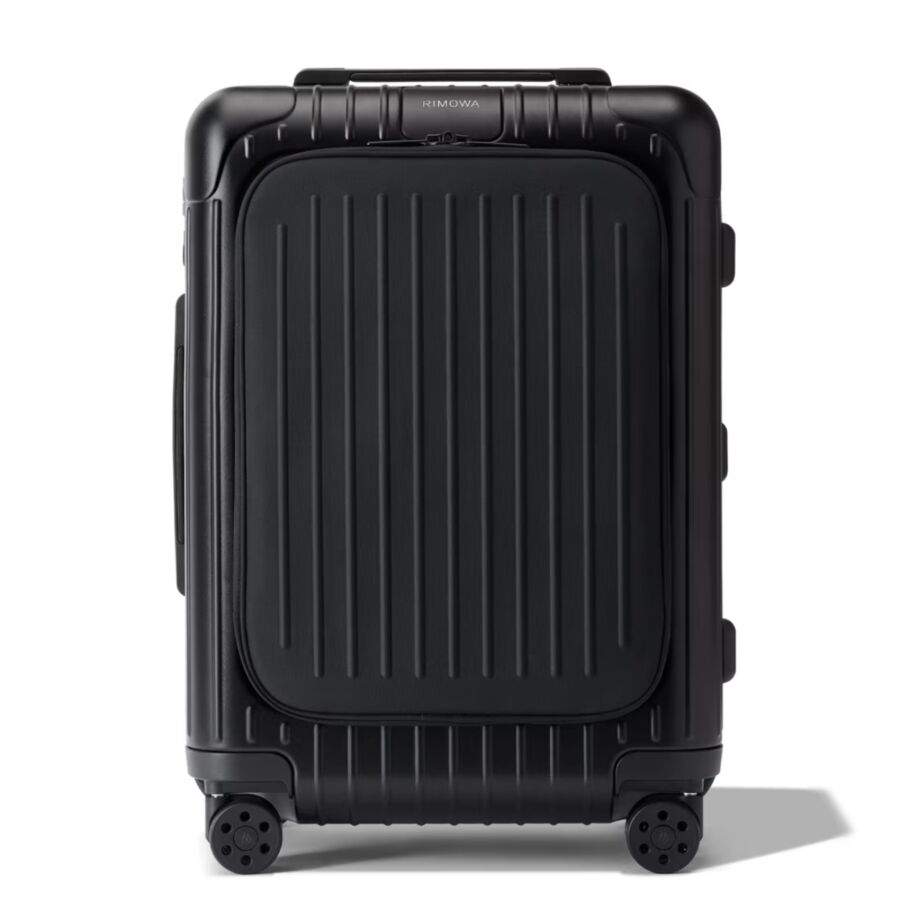 Black RIMOWA cabin suitcase with wheels, displayed on a clean white background.