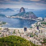 Aerial view of Rio de Janeiro cityscape, Sugarloaf Mountain, and scenic bay.