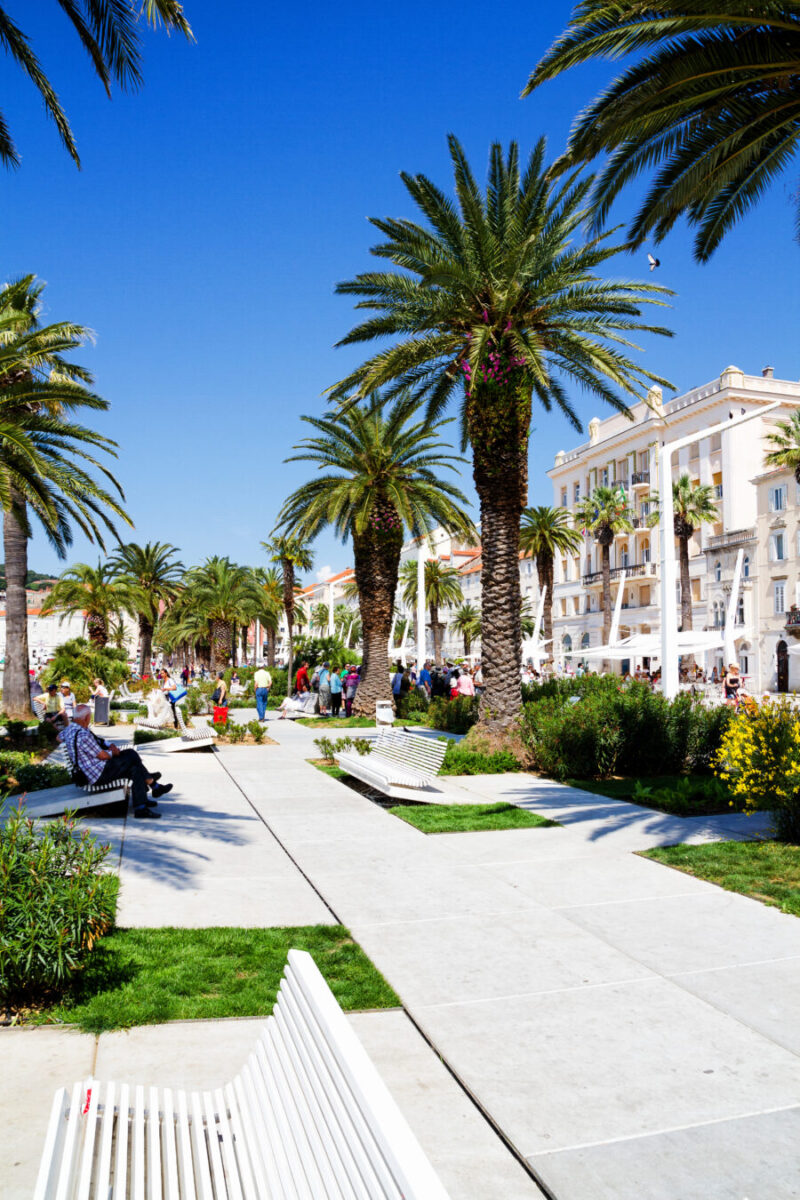 Scenic view of Riva Promenade in Split, Croatia, featuring lively cafes, palm trees, and the sparkling Adriatic coastline.