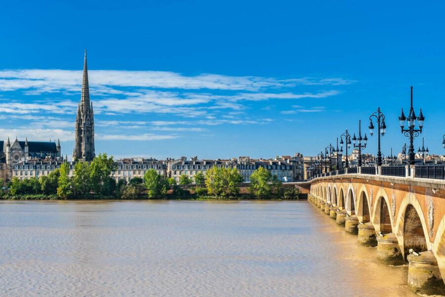 Scenic Bordeaux cityscape with historical bridge, river, and diverse architecture on a sunny day.