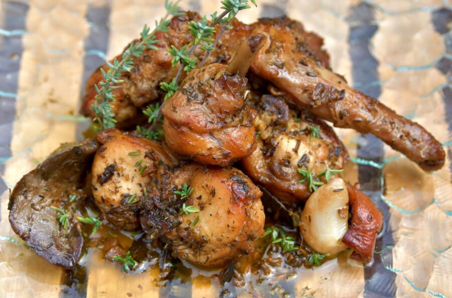 Braised rabbit in salmorejo glaze with roasted garlic and thyme.