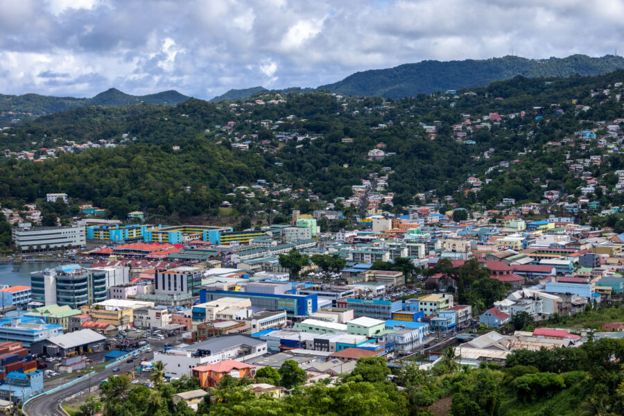 Scenic aerial perspective of Rodney Bay, St. Lucia, featuring vibrant blue waters and picturesque coastal landscape