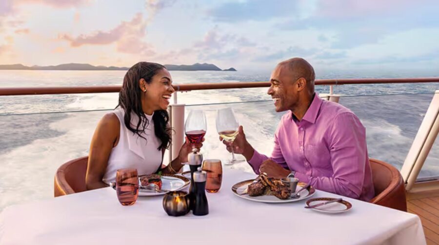 Romantic dinner on luxury cruise ship with ocean sunset and gourmet meals.