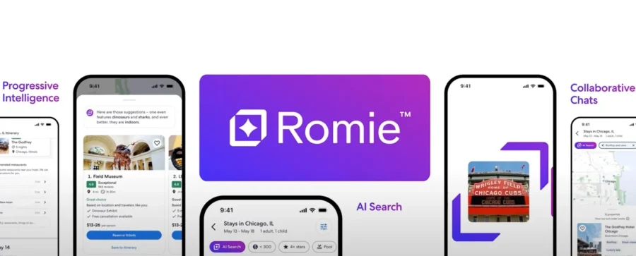 Romie™ app interface: travel planning, AI search, personalized recommendations, collaborative features.