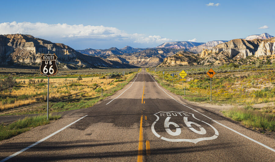 Scenic view of famous Route 66 in classic american mountain sce