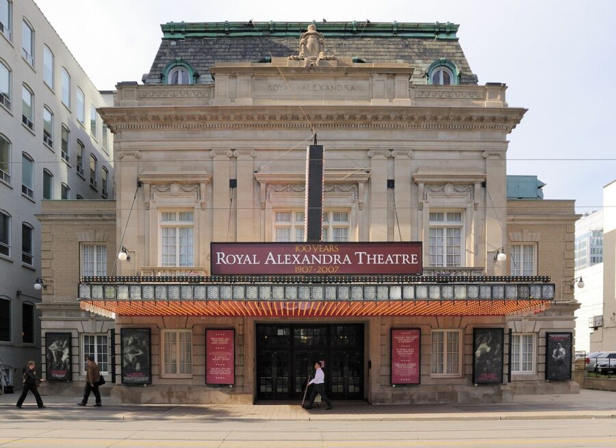 Royal Alexandra Theatre exterior in Toronto, showcasing its historic architecture and vibrant entrance.
