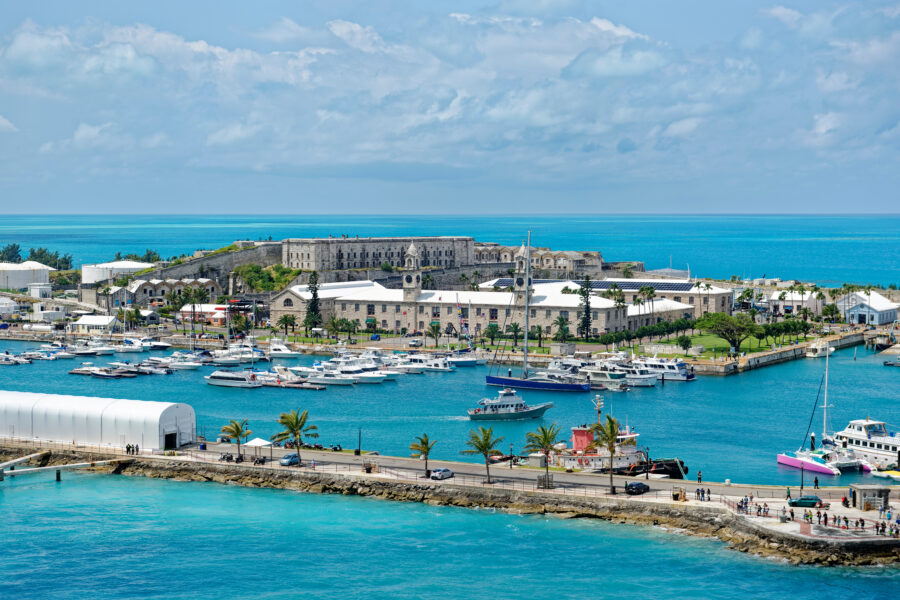 Scenic overlook of King's Wharf, showcasing the historic Royal Naval Dockyard on Ireland Island, Bermuda.