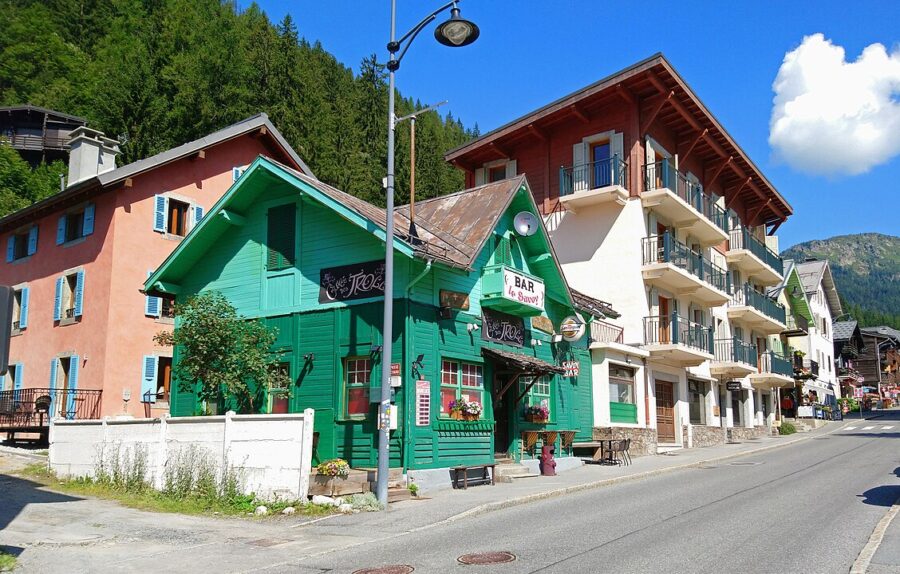 Green and white building located on Rue Charlet Straton, Argentiere, Chamonix, France.