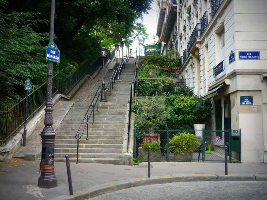 Montmartre Rue Ronsard stone staircase to Sacré-Cœur, Paris.