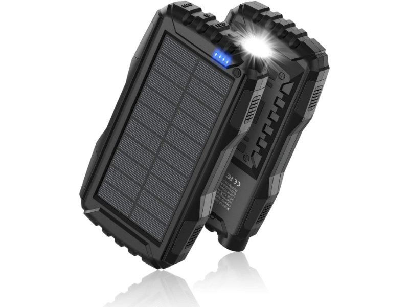 Rugged solar power bank with flashlight, 42800mAh, ideal for outdoor activities and sustainable charging.