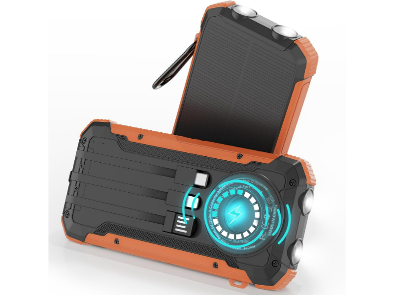 Rugged solar power bank with USB ports, flashlight, and eco-friendly design for outdoor use.