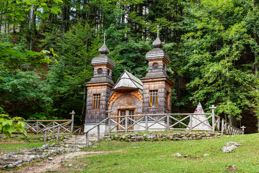 Russian chapel on Vršič Pass, surrounded by mountains in Triglav National Park, Kranjska Gora, Slovenia