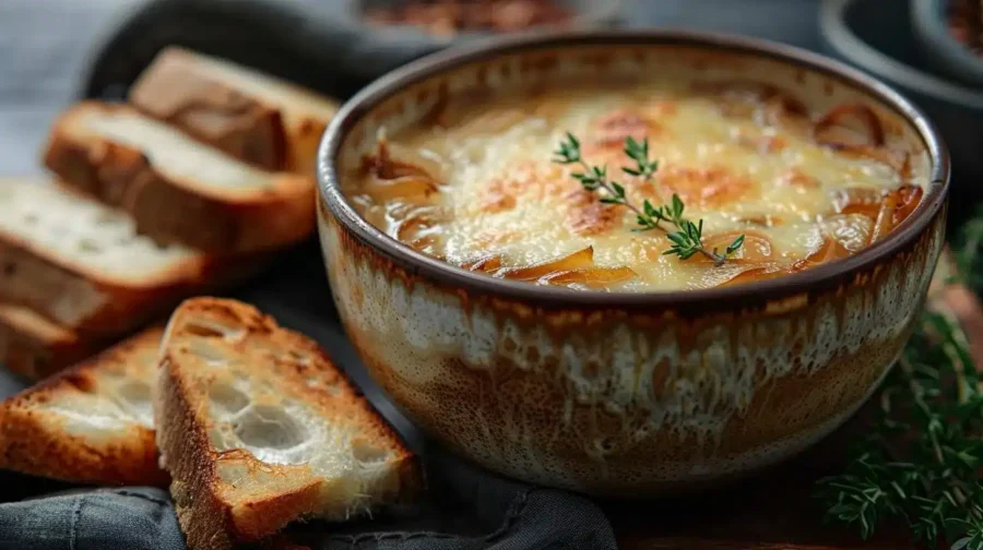 Rustic French onion soup gratinée with bubbling cheese and toasted bread.