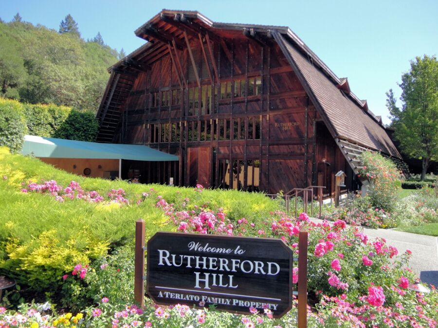 Rustic Napa Valley vineyard with blooming flowers, lush greenery, and welcoming wooden architecture.