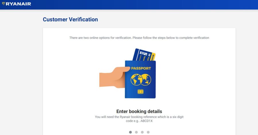Ryanair customer verification interface showing passport and booking details entry prompt.