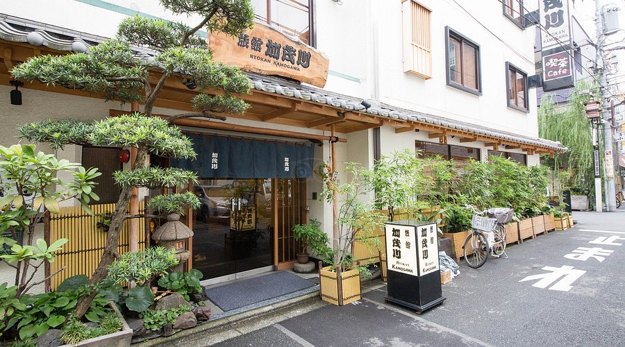 Traditional Japanese ryokan entrance with bonsai, wooden decor, and noren banner.
