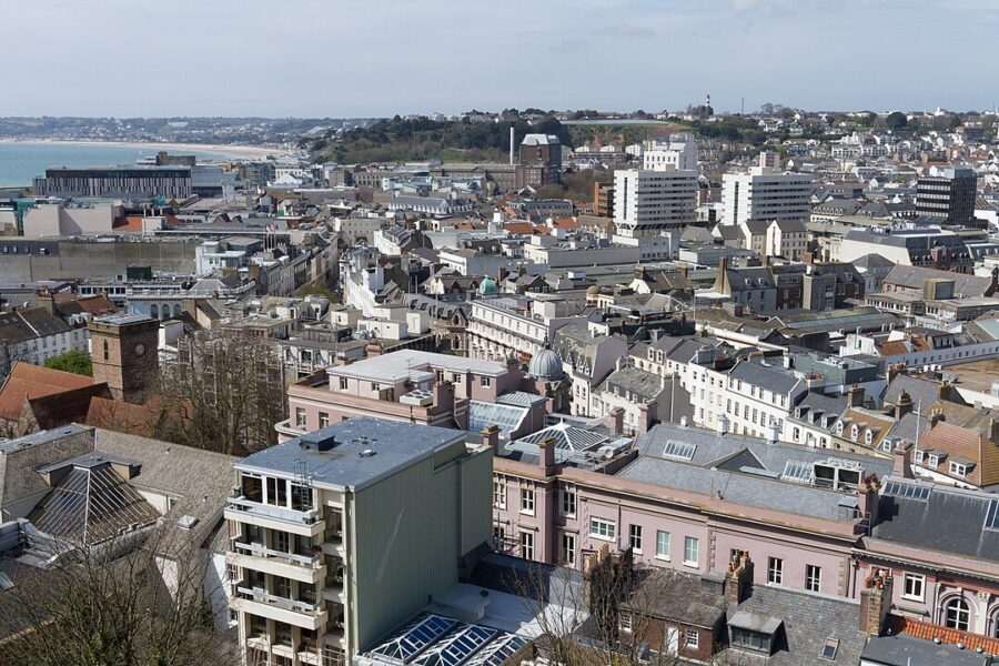Panoramic view of Saint Helier, Jersey, showcasing the cityscape from a high vantage point.