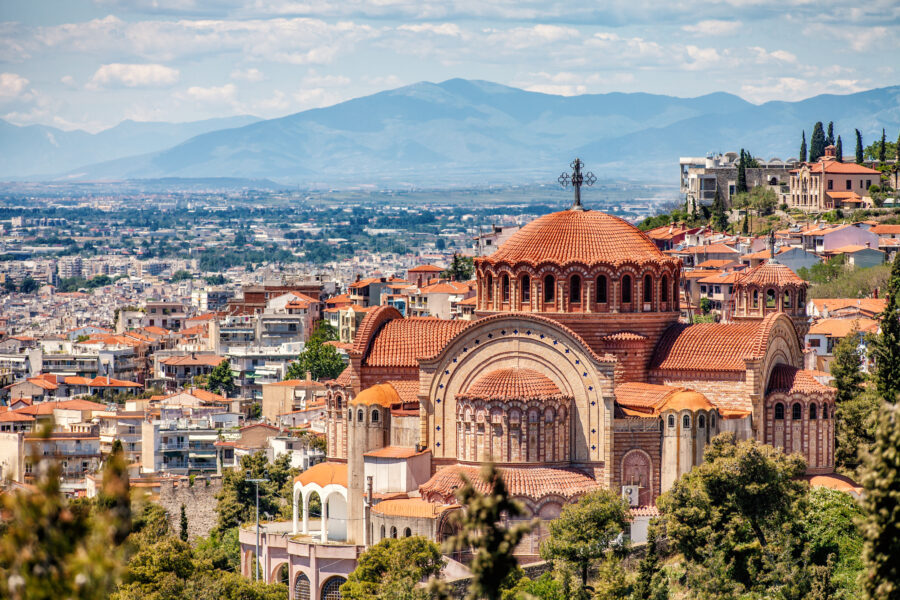 Panoramic view of Saint Paul Church overlooking Thessaloniki city, showcasing its architecture and surrounding landscape