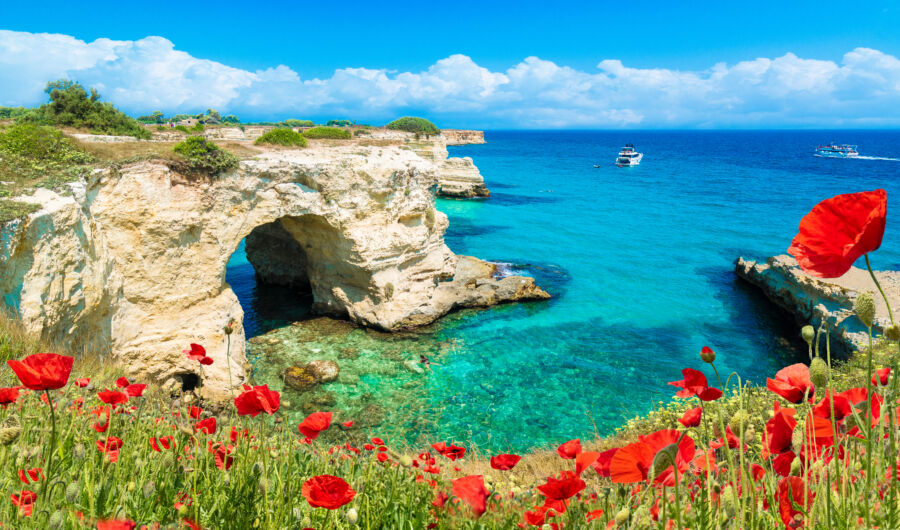 Scenic view of Torre Sant Andrea stacks along the Salento coast in Puglia, Italy, showcasing natural rock formations