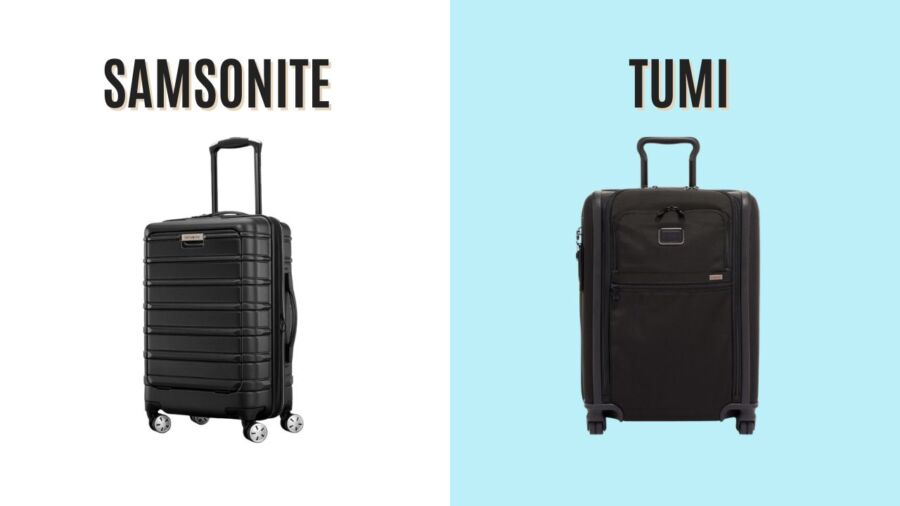 Split image comparing two luggage brands. Left: black Samsonite suitcase on white; Right: black Tumi suitcase on light blue. "VS" in center.