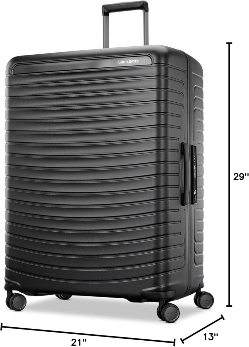 Black Samsonite Framelock Max hardside suitcase with wheels, showcasing its dimensions and sleek design details.