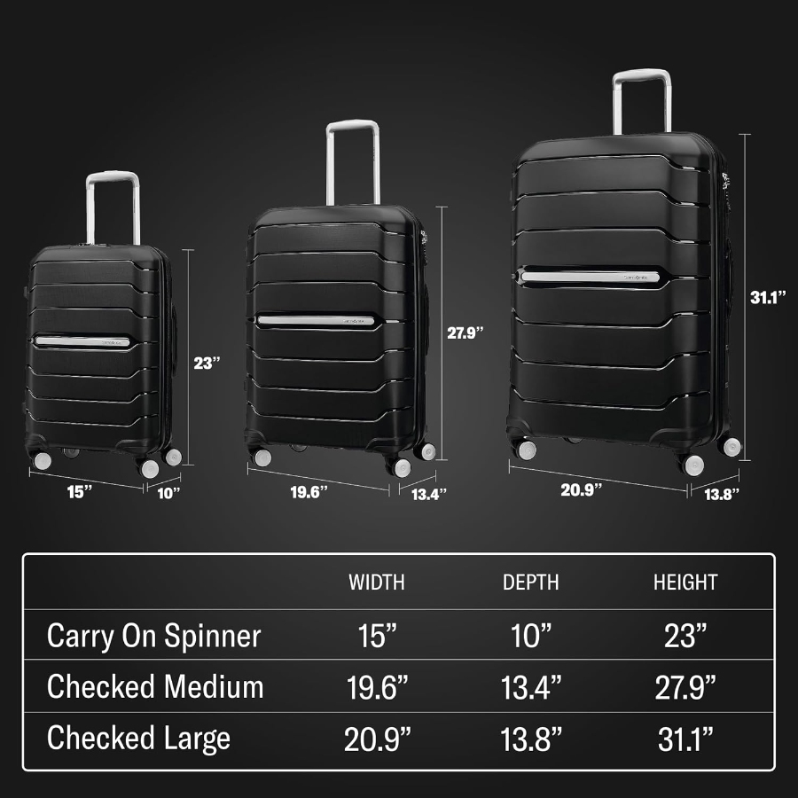Samsonite carry-on spinner luggage dimensions displayed alongside Freeform large checked luggage sizes for comparison.