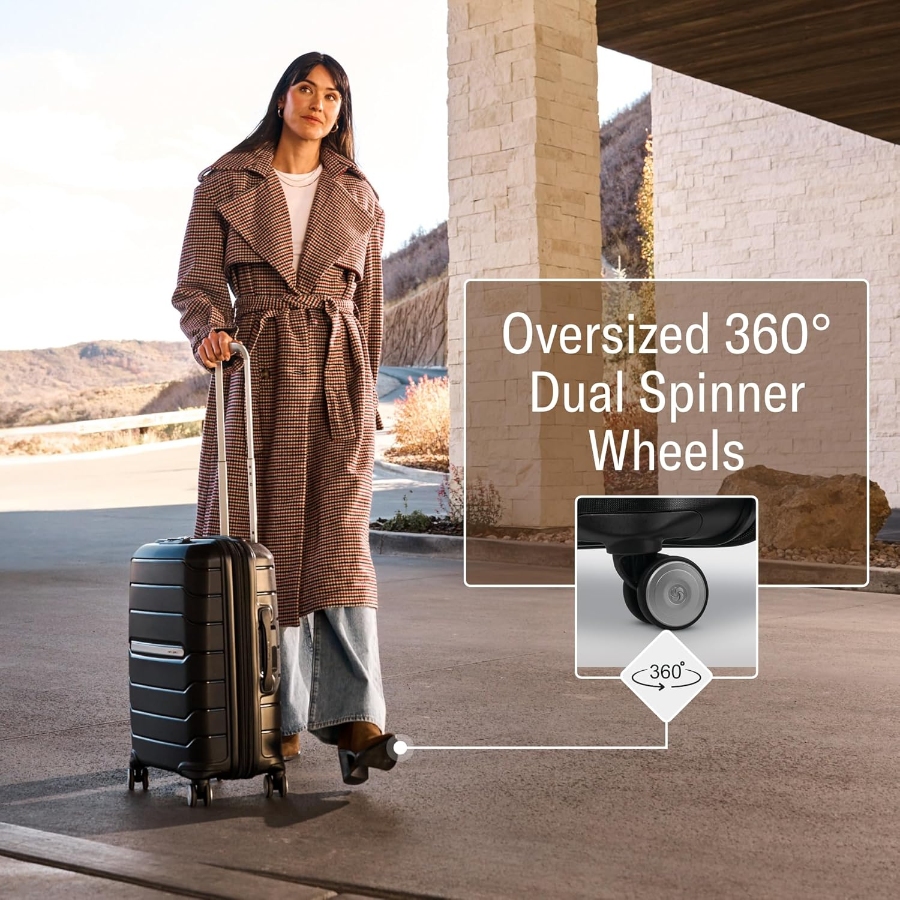Oversized dual spinner wheels on Samsonite Freeform large checked luggage for smooth and easy maneuverability.