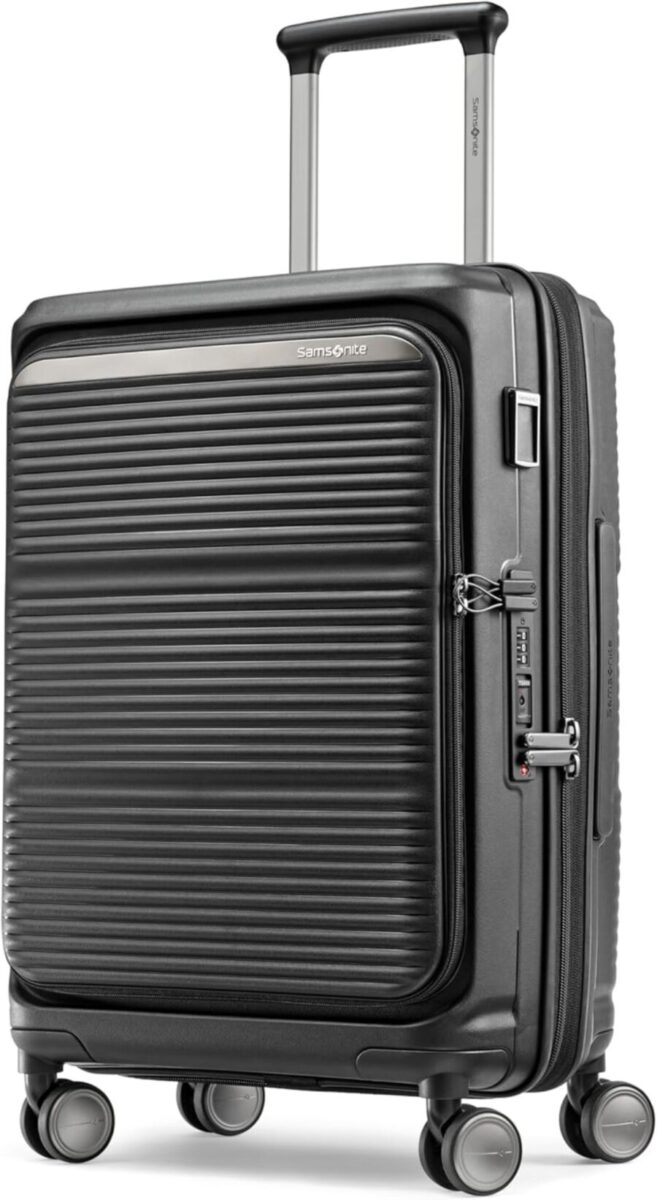 Black Samsonite Paralux trolley suitcase with wheels and retractable handle, designed for travel convenience.