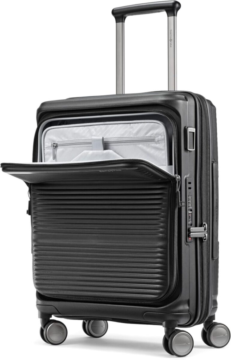 Black Samsonite Paralux suitcase with wheels on a white background, designed for easy transport of laptops and accessories.