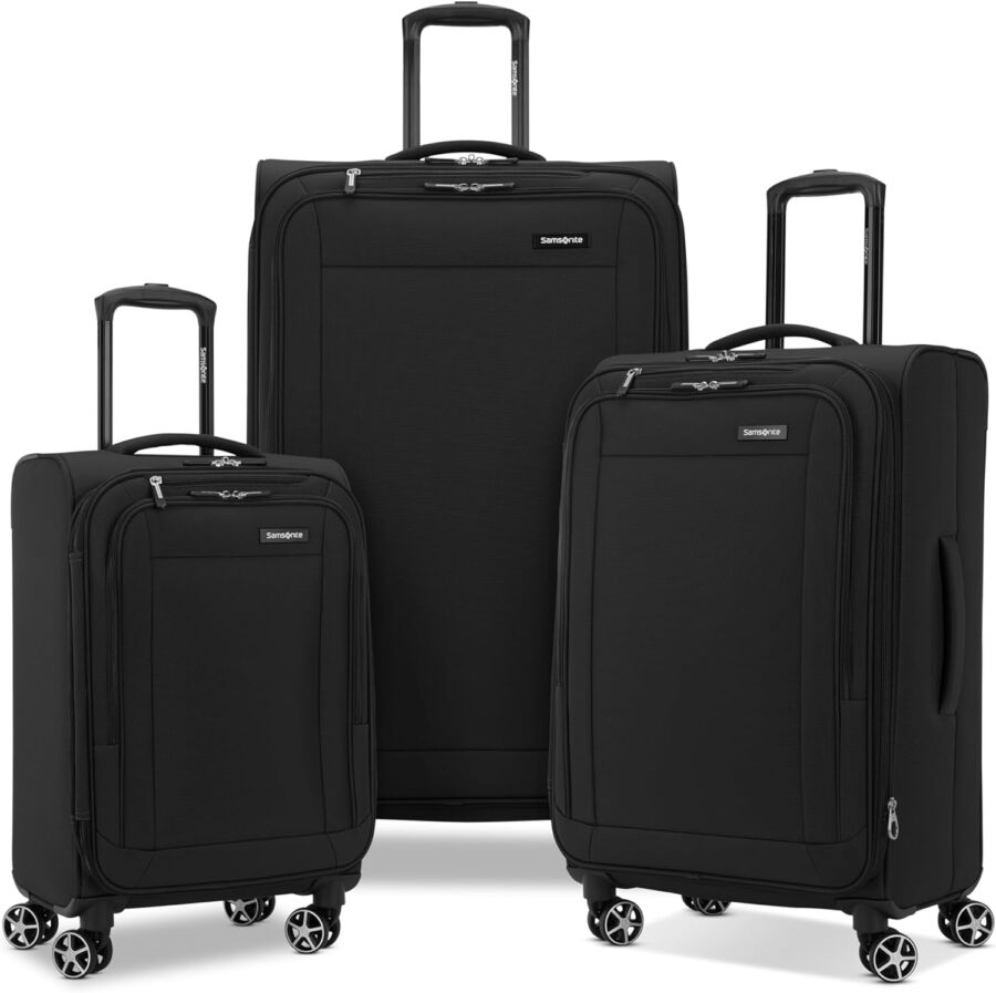 Three-piece Samsonite Saire LTE softside luggage set with wheels and handles, designed for easy travel and expansion.