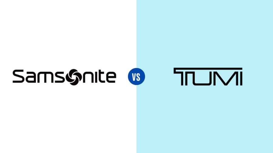 Split image with "Samsonite" logo on the left, in black text on white background, and "Tumi" logo on the right, in black text on light blue background. "VS" is in the center.