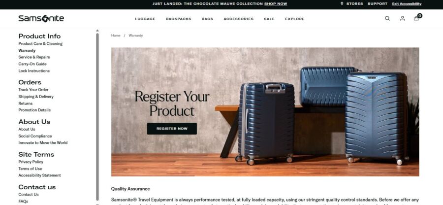 Samsonite webpage featuring a suitcase and two luggage pieces, with details about Samsonite warranty, service, and repair information.