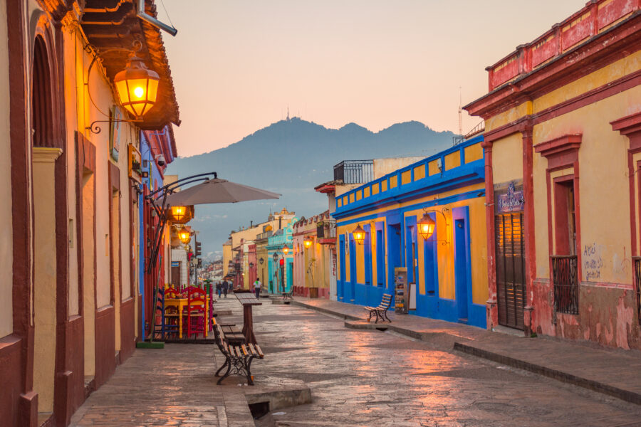 Vibrant streets and colorful buildings of San Cristobal de las Casas, showcasing the charm of Chiapas, Mexico