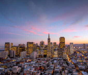 downtown San Francisco at sunset.