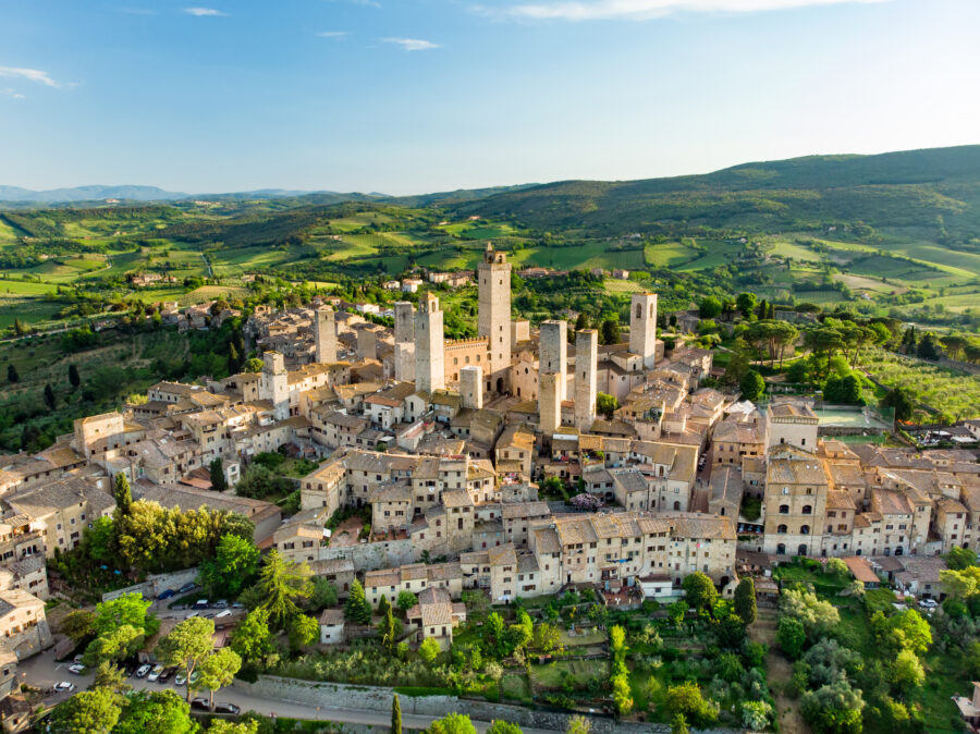 Aerial view of San Gimignano, showcasing its medieval towers, including Torre Grossa