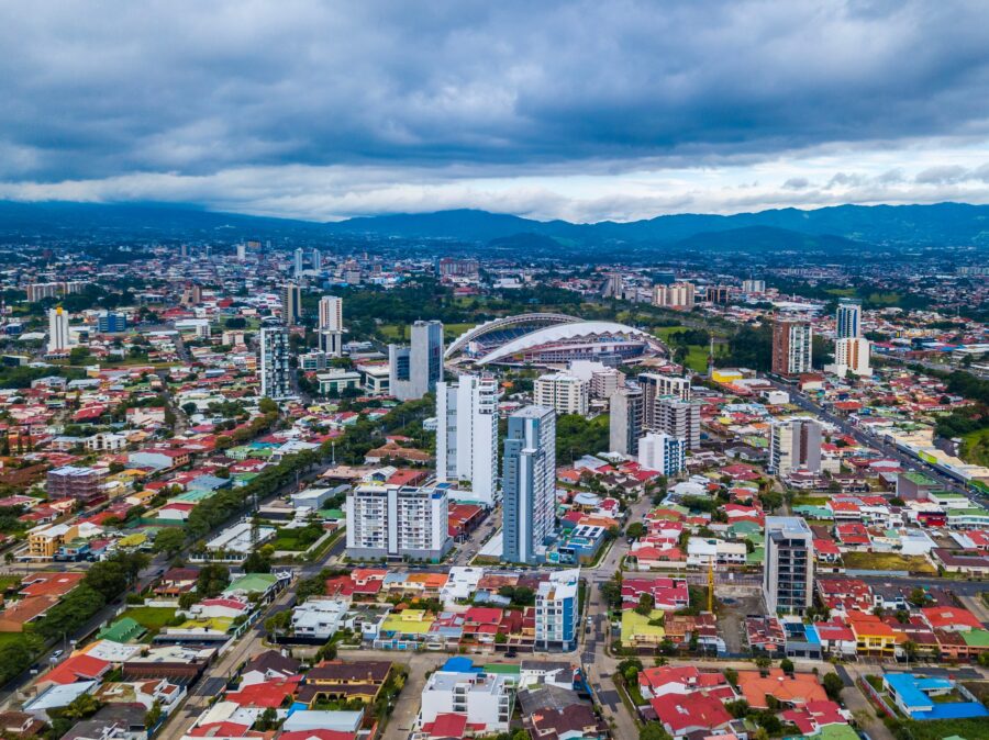 Stunning aerial perspective of San Jose, Costa Rica, highlighting the city's layout