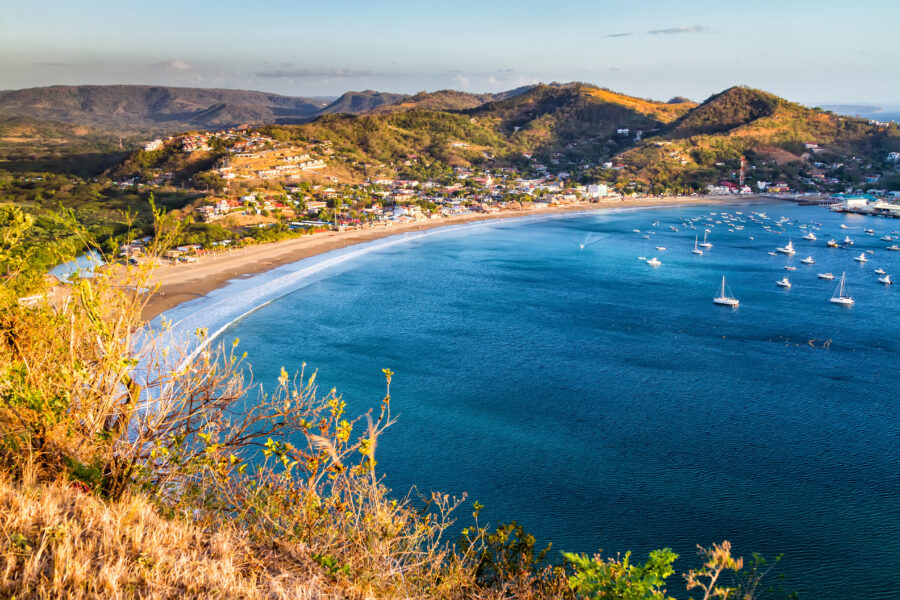 Panorama view of San Juan del Sur, Nicaragua, showcasing the vibrant cityscape and coastal scenery