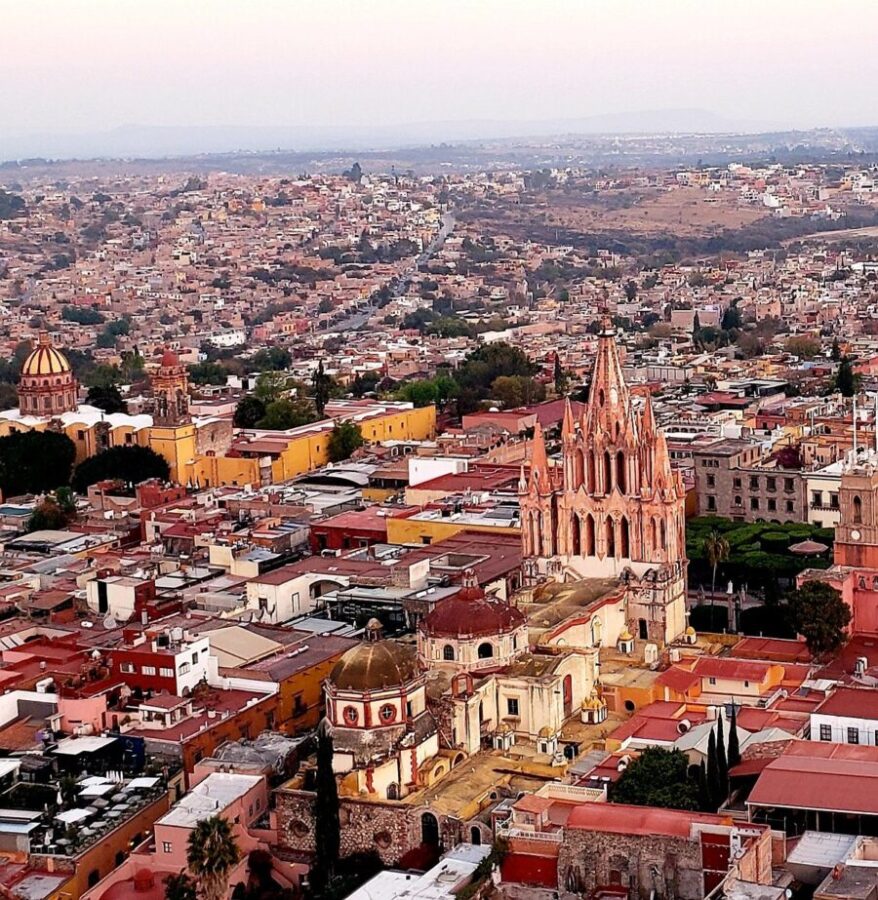 Aerial view of San Miguel Allende, showcasing the vibrant cityscape and historic architecture of Mexico.
