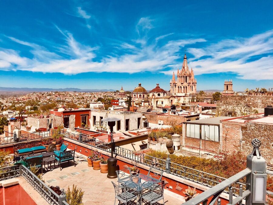 Aerial view of San Miguel Allende, showcasing the vibrant cityscape and historic architecture of Mexico.
